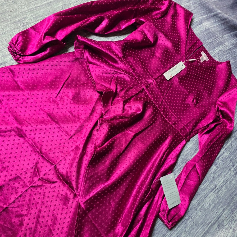 Spense Women's Polka Dot Ruffle Midi Dress Size 6‎ Magenta Long Sleeve NWT